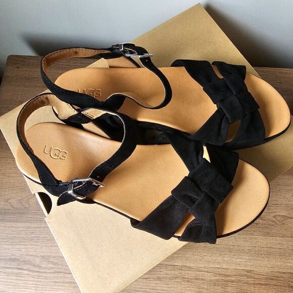 NEW IN BOX UGG NEUSCH BLACK GENUINE LEATHER PLATFORM SANDALS SIZE 9.5 - Picture 8 of 16